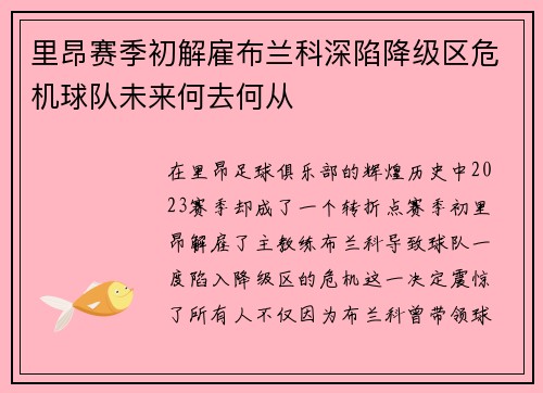 里昂赛季初解雇布兰科深陷降级区危机球队未来何去何从
